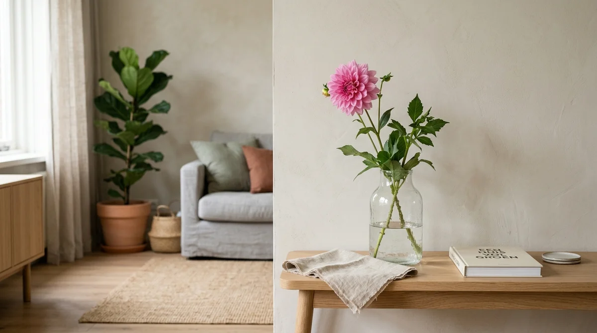 Roze pompon-dahlia in volle bloei in een zomerse border, op afstand van huisdieren