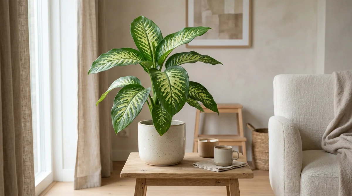 Dieffenbachia met grote groen-gele bladeren in een lichte woonkamer, op een verhoogde plek buiten bereik van een kat