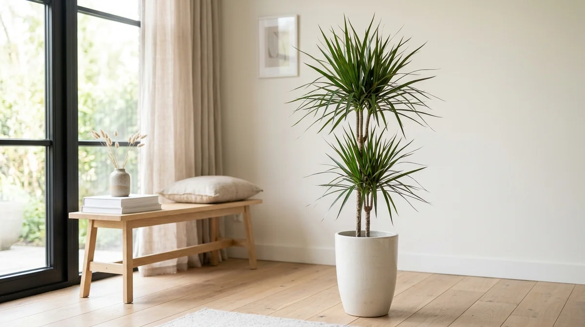 Dracaena marginata met smalle gestreepte bladeren in een lichte woonkamer