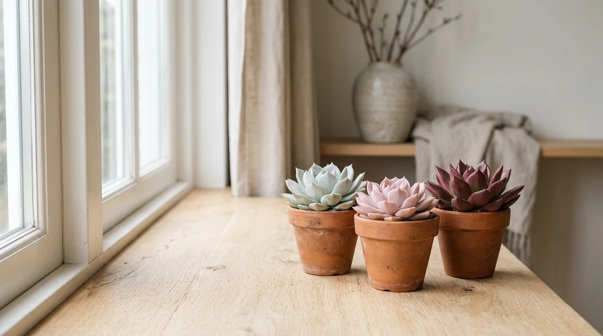 Echeveria-collectie met verschillende kleuren rozetten in cremekleurige potten op een lichte tafel