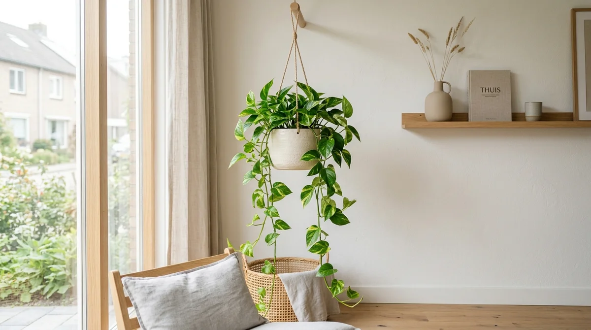 Hangende Epipremnum aureum (Pothos) met geel-groene bladeren in lichte woonkamer, kat op afstand