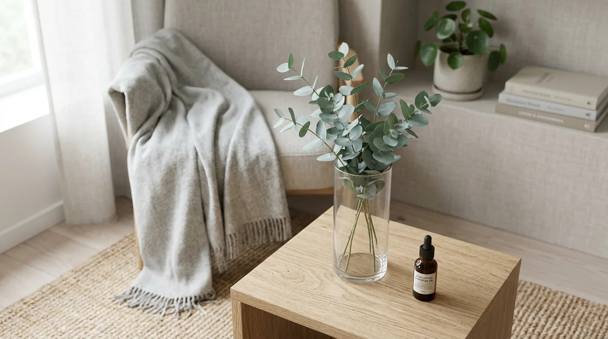 Bos gedroogde eucalyptus-takken in een vaas op een houten tafel, op afstand van een kat