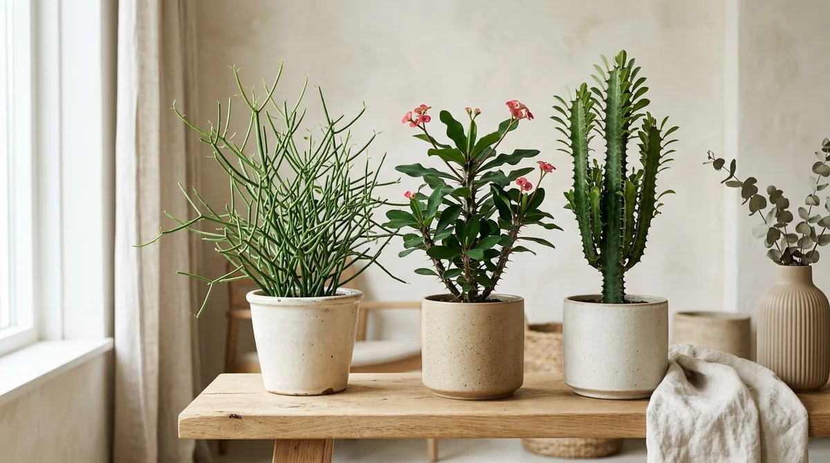 Een potloodcactus (Euphorbia tirucalli) in een pot op een lichte plek, op afstand van een nieuwsgierige kat