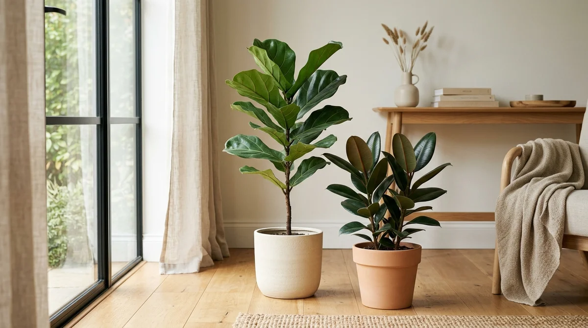 Ficus lyrata met grote groene bladeren in een lichte woonkamer, op afstand van huisdieren
