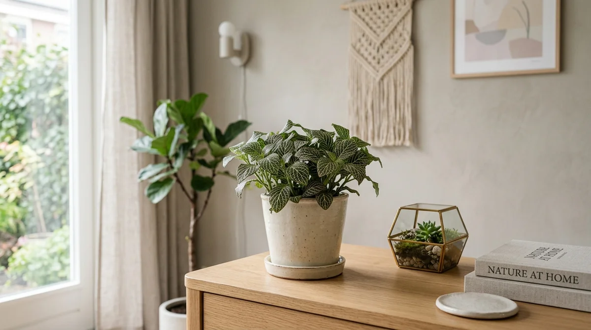 Fittonia albivenis (mozaiekplant) met kleine groene blaadjes vol witte en roze nerven in een cremekleurige pot op een lichte houten tafel