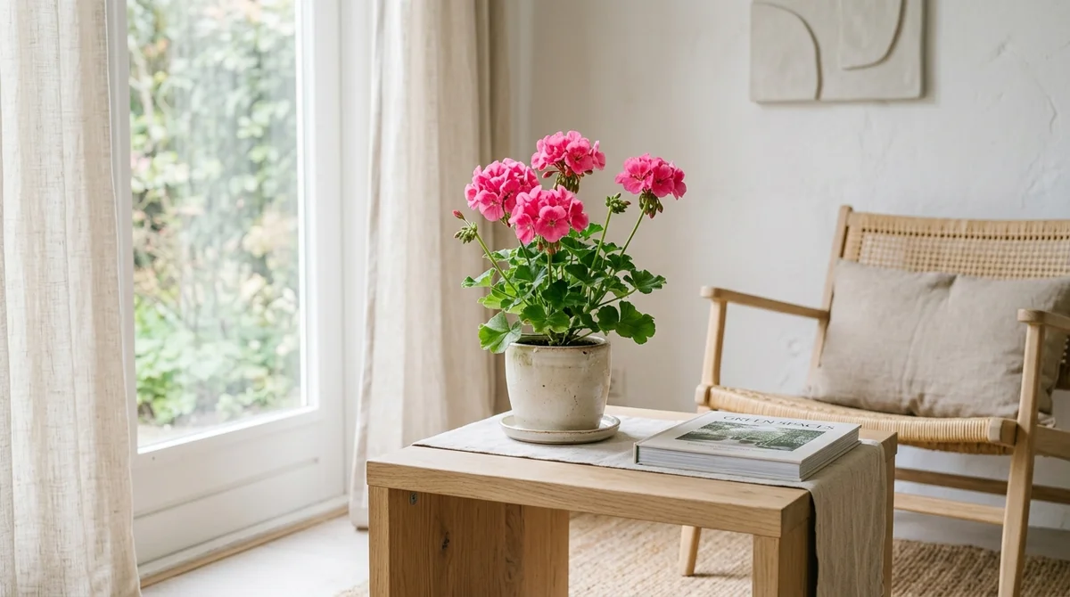Rode Pelargonium (balkongeranium) in volle bloei in een bloembak, op afstand van huisdieren