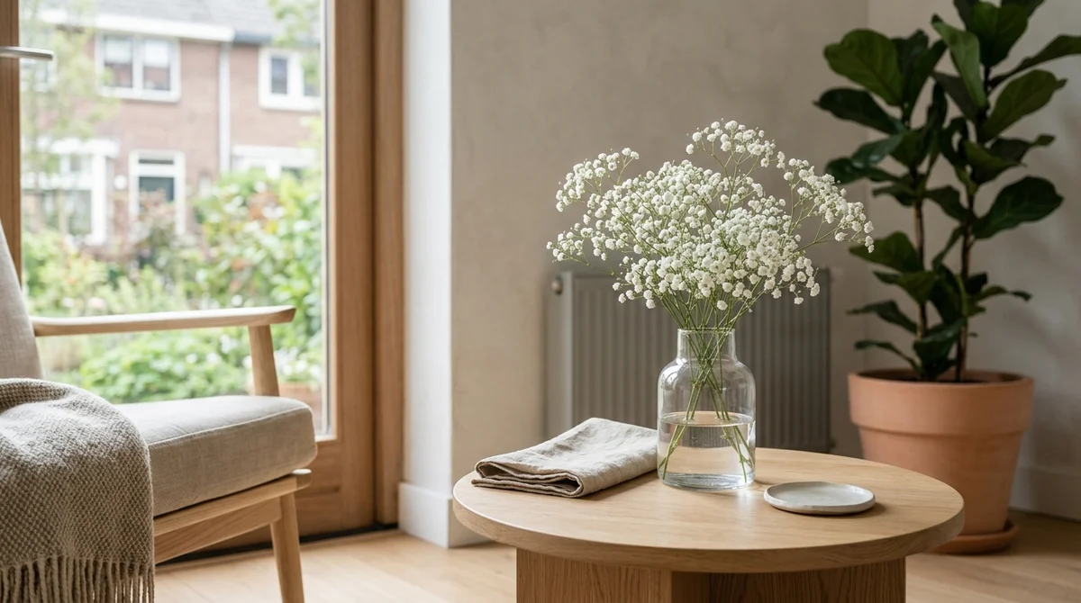 Gipskruid (Gypsophila paniculata) met kleine witte bloemetjes als vul-bloem in een gemengd boeket op een woonkamertafel