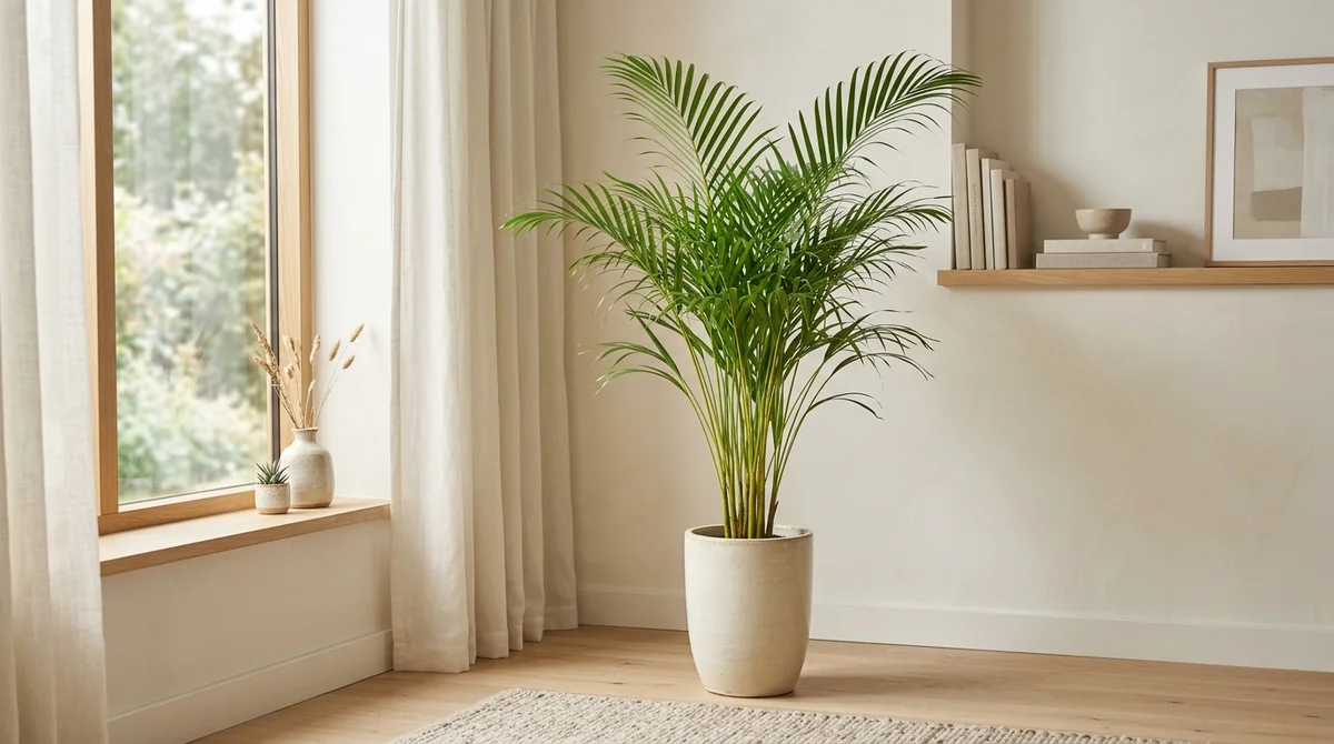 Goudpalm (Dypsis lutescens) met veervormige goudgroene bladeren in een cremekleurige pot op een lichte houten vloer