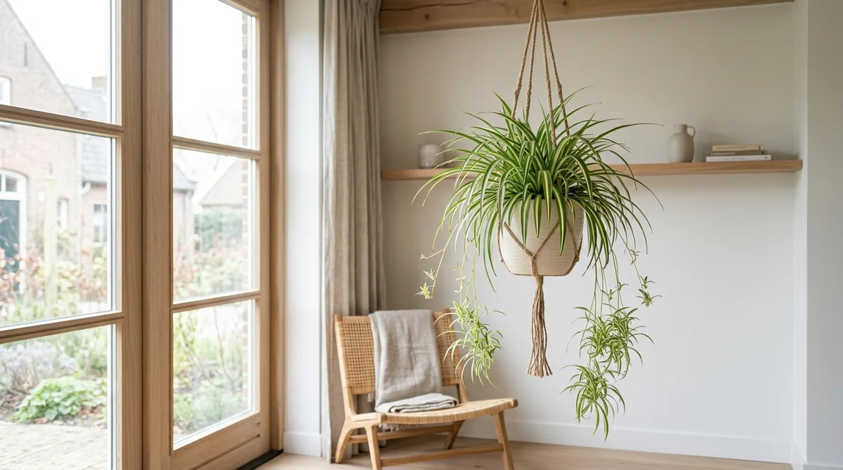 Graslelie (Chlorophytum comosum) met gebogen groen-witte bladeren en uitlopers met babyplantjes in een hangende cremekleurige pot