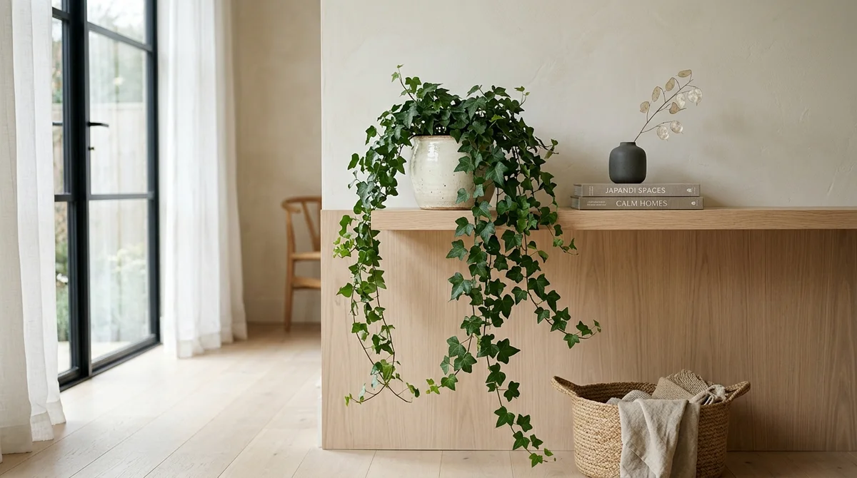 Hedera helix met hangende slingers en gelobde groene bladeren in een hoge plantenhanger, op een plek buiten bereik van een kat