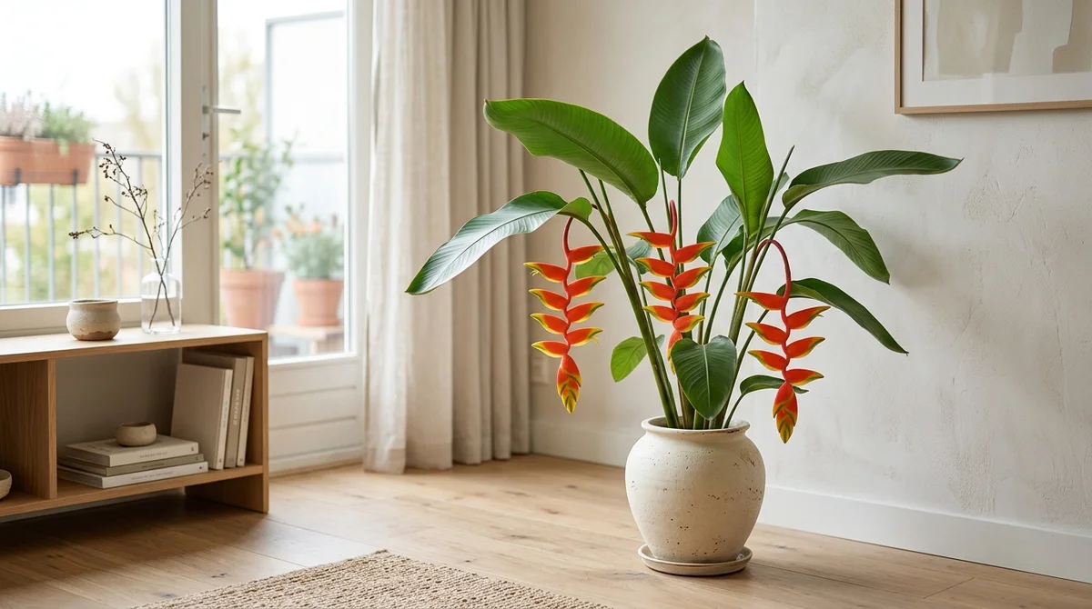 Heliconia met felgekleurde zigzag-schutbladen naast een kat