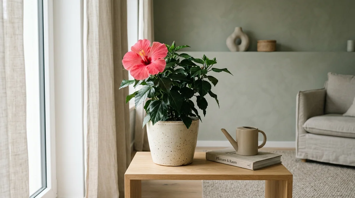 Bloeiende hibiscus (Hibiscus rosa-sinensis) met grote rode trompetbloem en glanzend groen blad in een lichte woonkamer