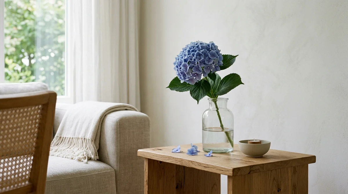 Boerenhortensia (Hydrangea macrophylla) met blauwe en roze bloemschermen in een tuin, op afstand van huisdieren