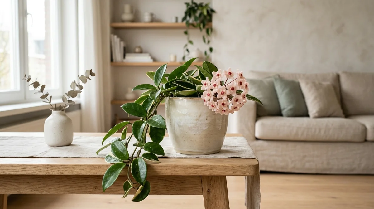Hoya carnosa met dikke wasachtige bladeren en een bloemtros van witroze sterrenvormige bloemen in een cremekleurige pot