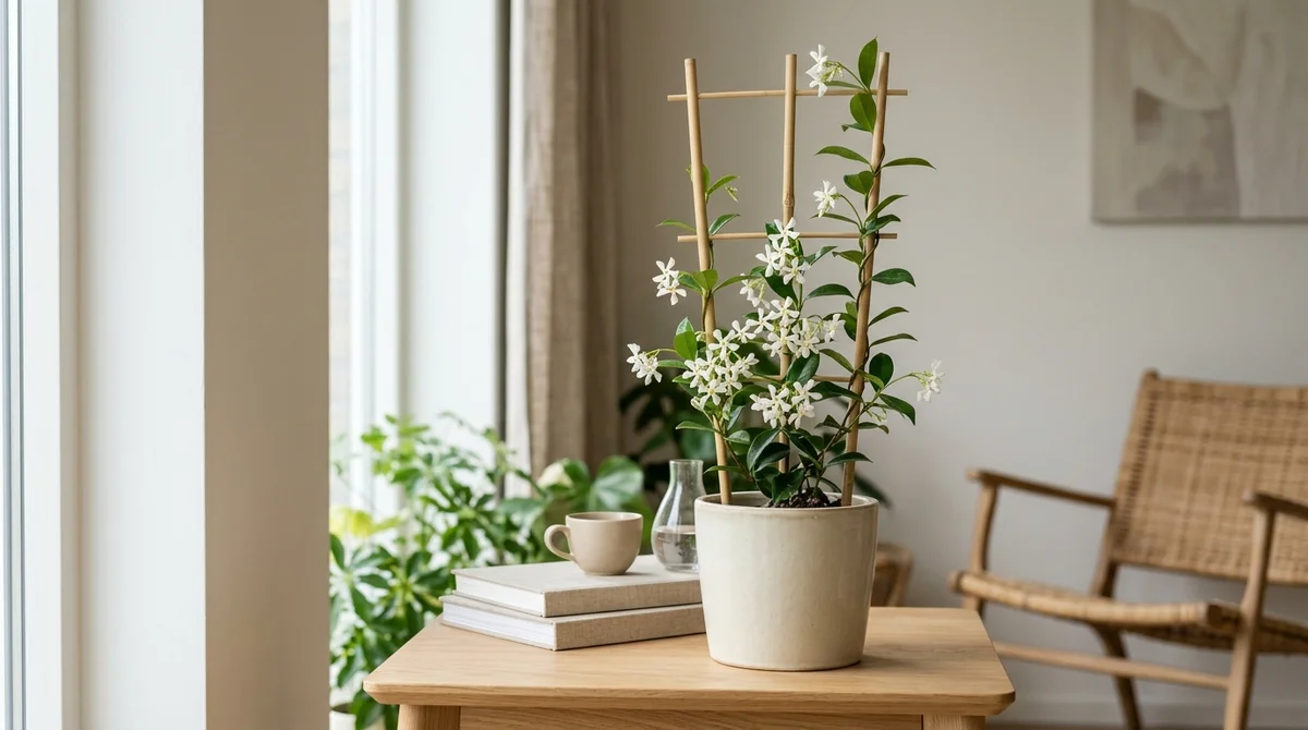 Witte bloemen van echte jasmijn (Jasminum officinale) tegen een houten schutting in een tuin, soort die niet giftig is voor katten