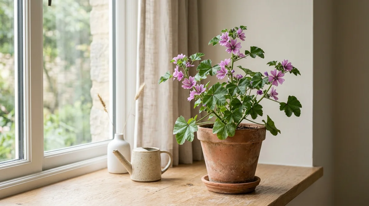 Kaasjeskruid (Malva) met kenmerkende ingekeepte bladeren en roze bloemetjes