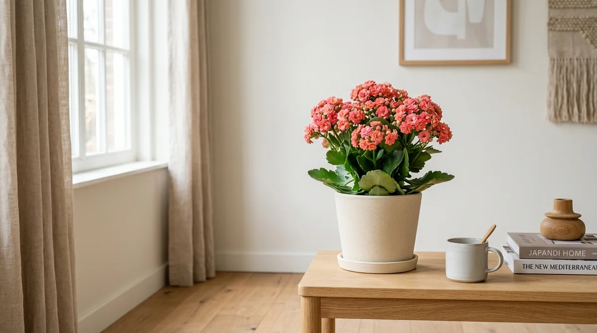 Kalanchoe blossfeldiana met dichte bossen rode bloemen op een vensterbank, op afstand van huisdieren