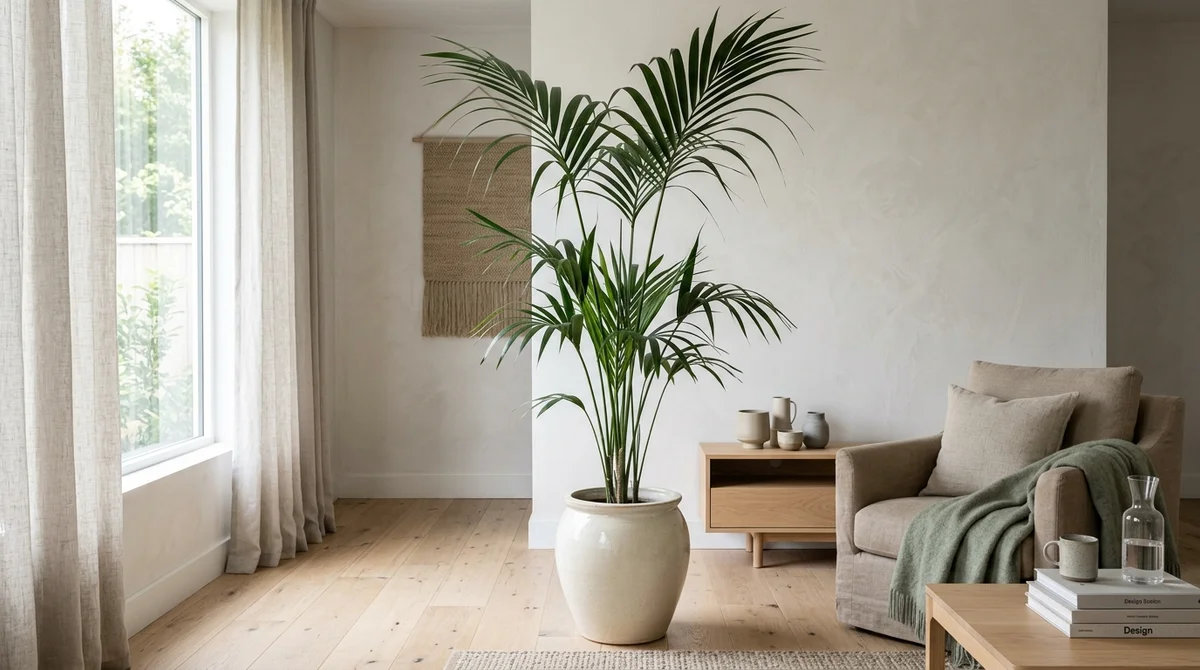 Kentiapalm (Howea forsteriana) met donkergroene sierlijk overhangende bladeren in een cremekleurige pot op een lichte houten vloer