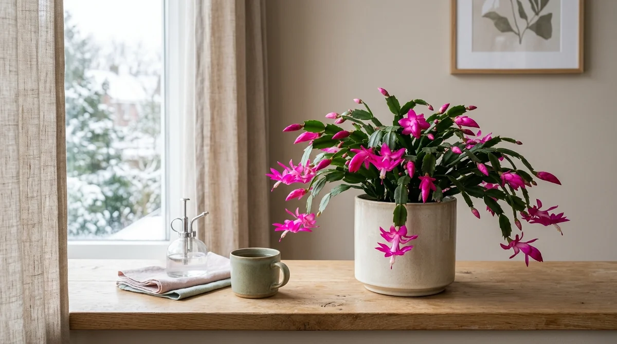 Bloeiende kerstcactus (Schlumbergera) met fel-roze buisvormige bloemen aan geleed blad in een cremekleurige pot bij een lichte vensterbank