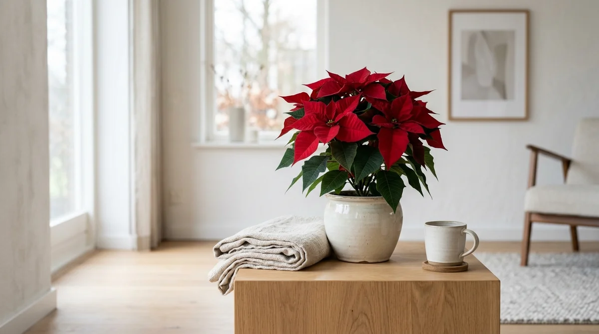 Rode kerstster (Euphorbia pulcherrima) met fel gekleurde schutbladeren op een lichte kerststyling-tafel buiten kat-bereik.