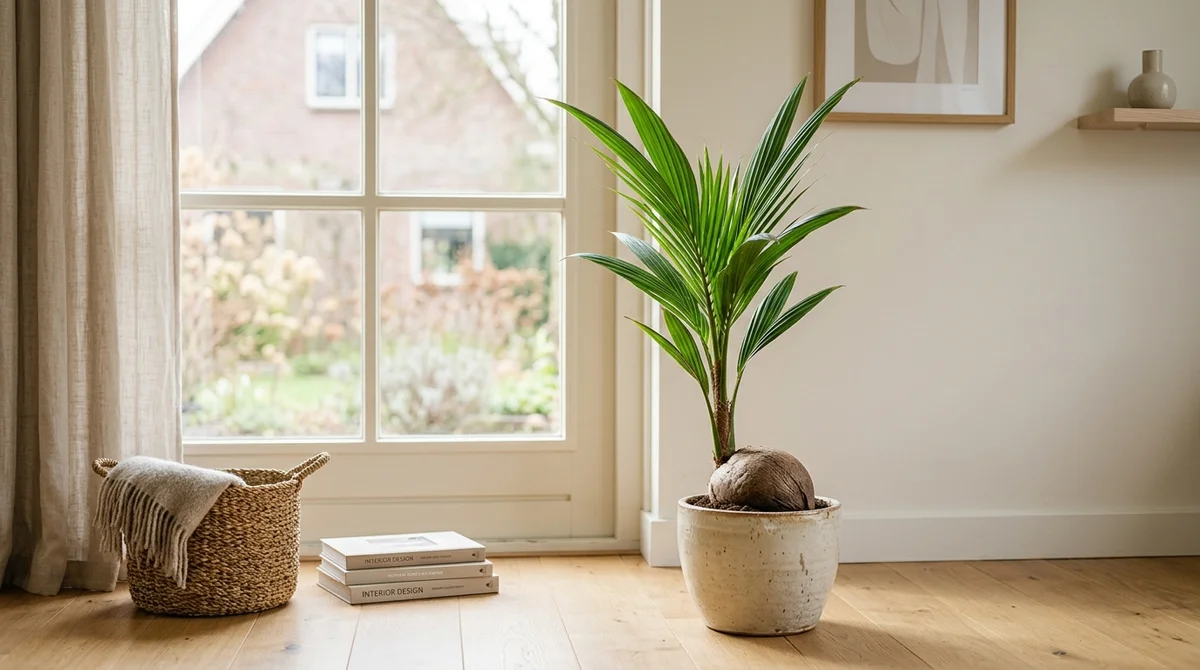 Jonge kokospalm (Cocos nucifera) met zichtbare kokosnoot op de potgrond en veervormige groene bladeren in een cremekleurige pot