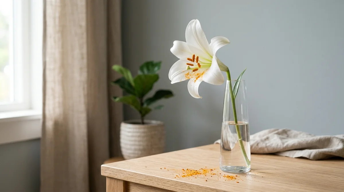 Roze Oosterse lelie (Lilium) in vol bloei met zichtbare oranje pollen op de meeldraden