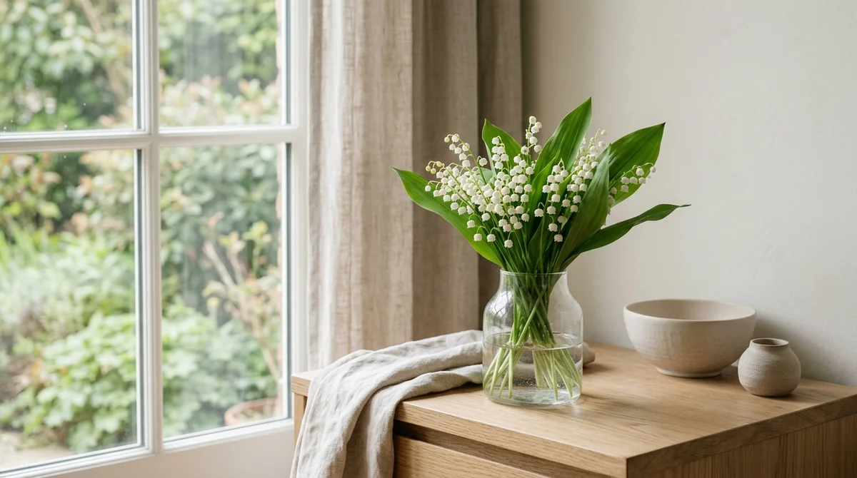 Lelietjes-van-dalen met witte klokvormige bloemen en brede ovale bladeren in een glazen vaas op een lichte tafel