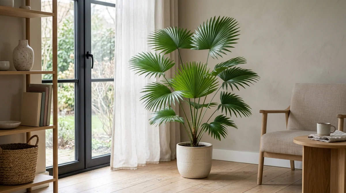 Livistona rotundifolia (waaierpalm) met glanzende ronde waaiervormige bladeren in een cremekleurige pot op een lichte houten vloer