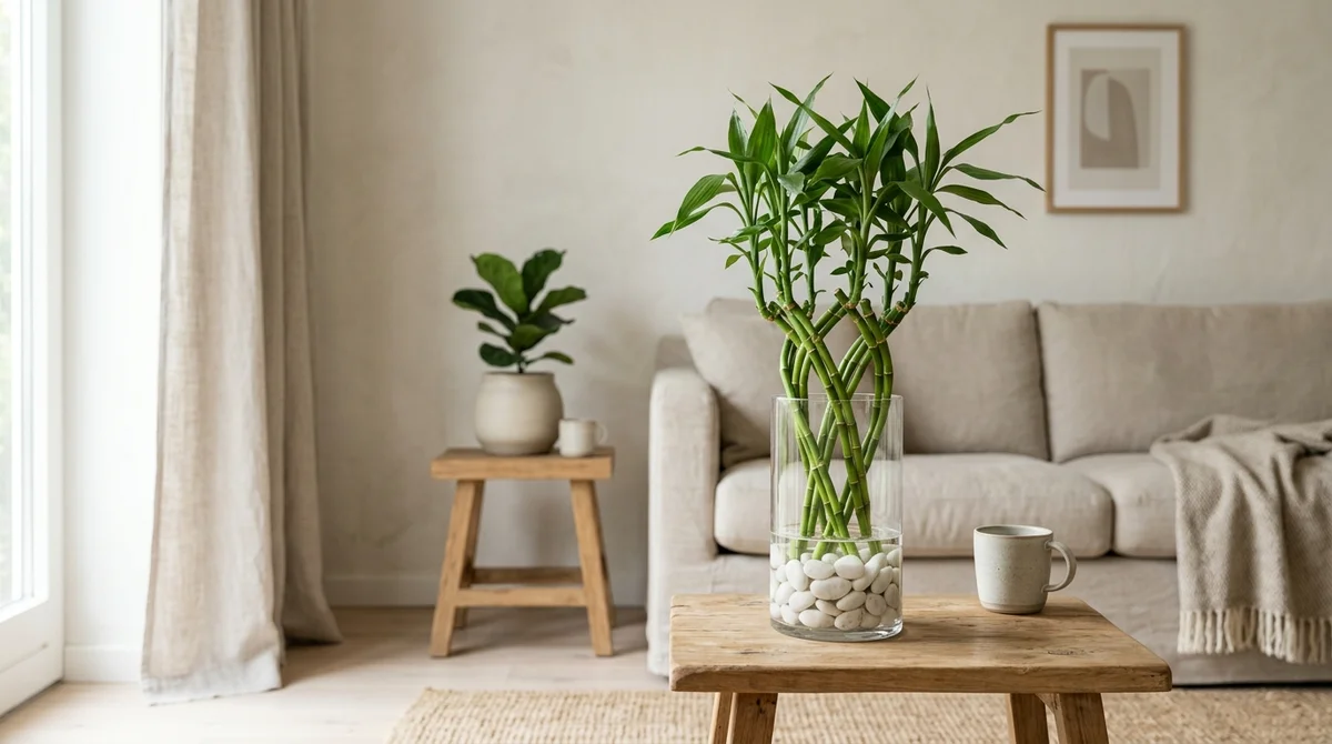 Lucky Bamboo met meerdere gevlochten groene stengels in een glazen vaas met witte kiezelstenen op een lichte vensterbank