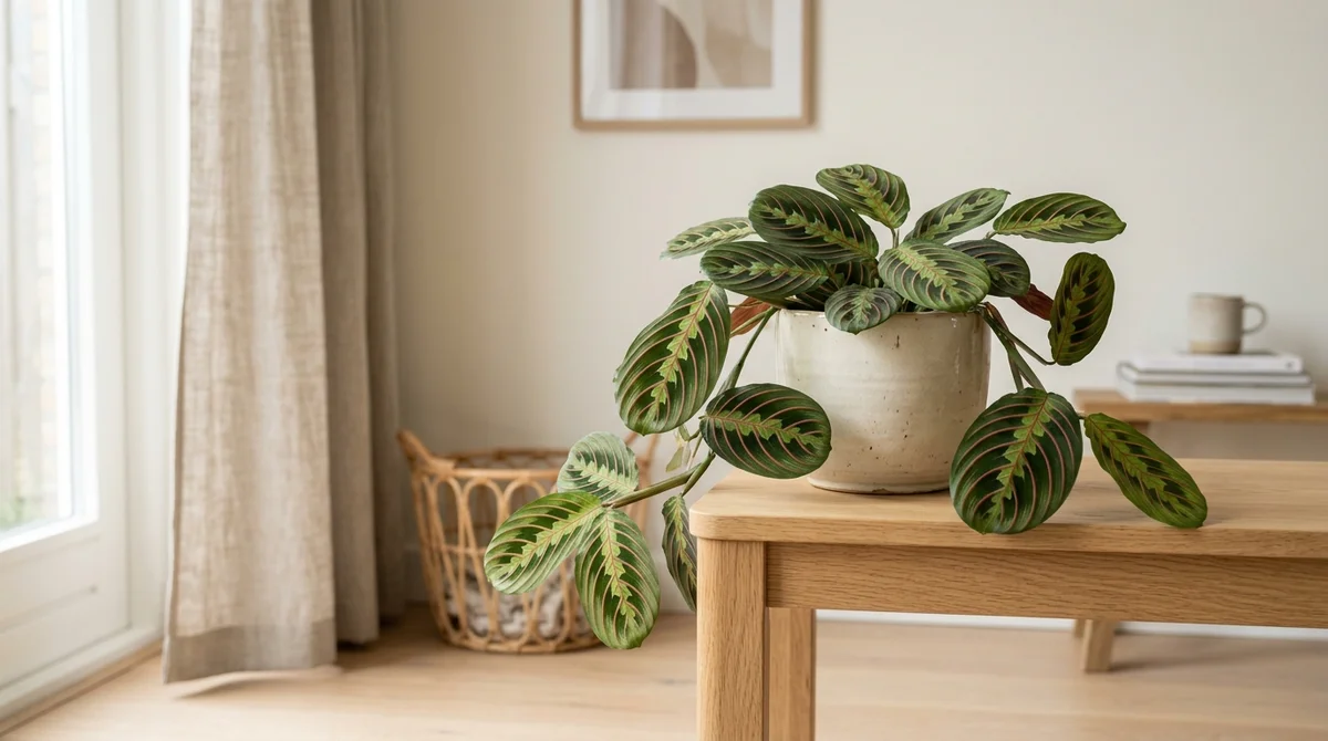 Maranta leuconeura (gebedsplant) met ovale bladeren met rode nerven en donkergroene vlekken in een cremekleurige pot