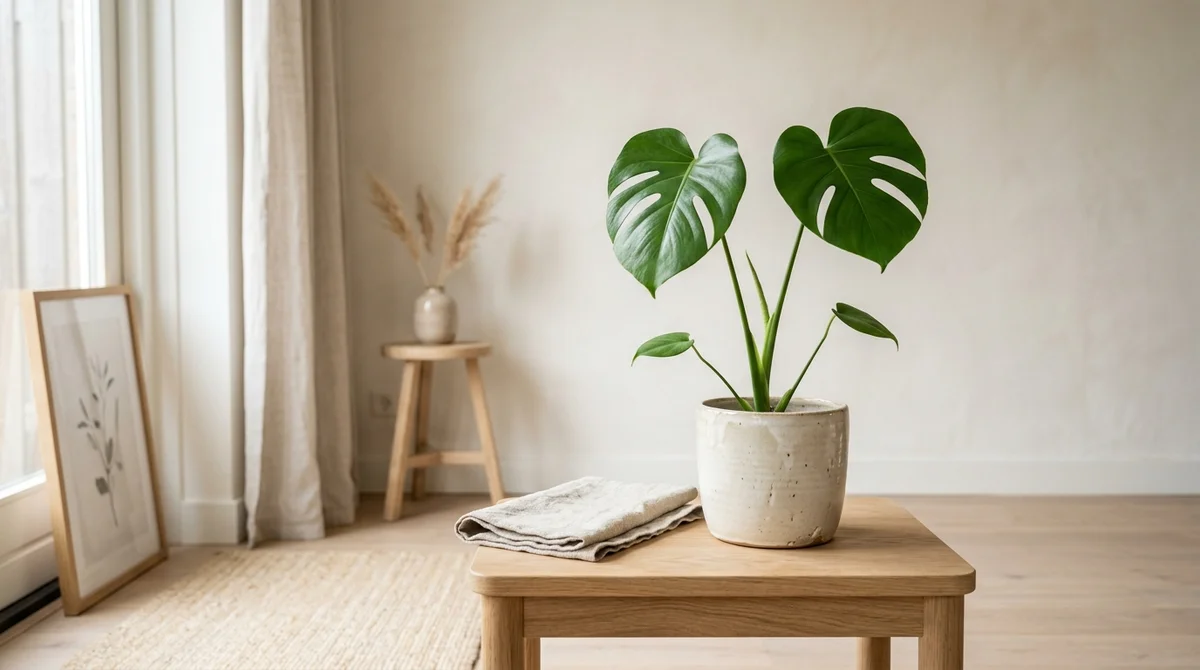 Volwassen Monstera deliciosa met gaten-bladeren in lichte woonkamer, kat op afstand