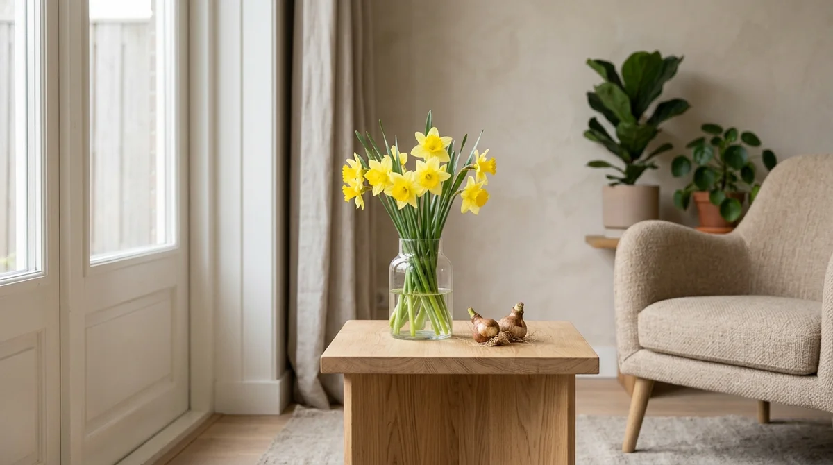 Gele narcissen (Narcissus) in bloei op een houten tafel in het vroege voorjaar