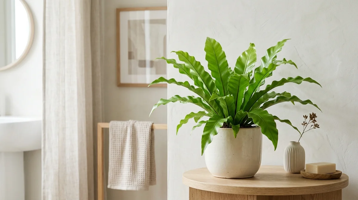 Nestvaren (Asplenium nidus) met glanzende golvende lichtgroene bladeren in een rozet, in een cremekleurige pot op een lichte houten tafel