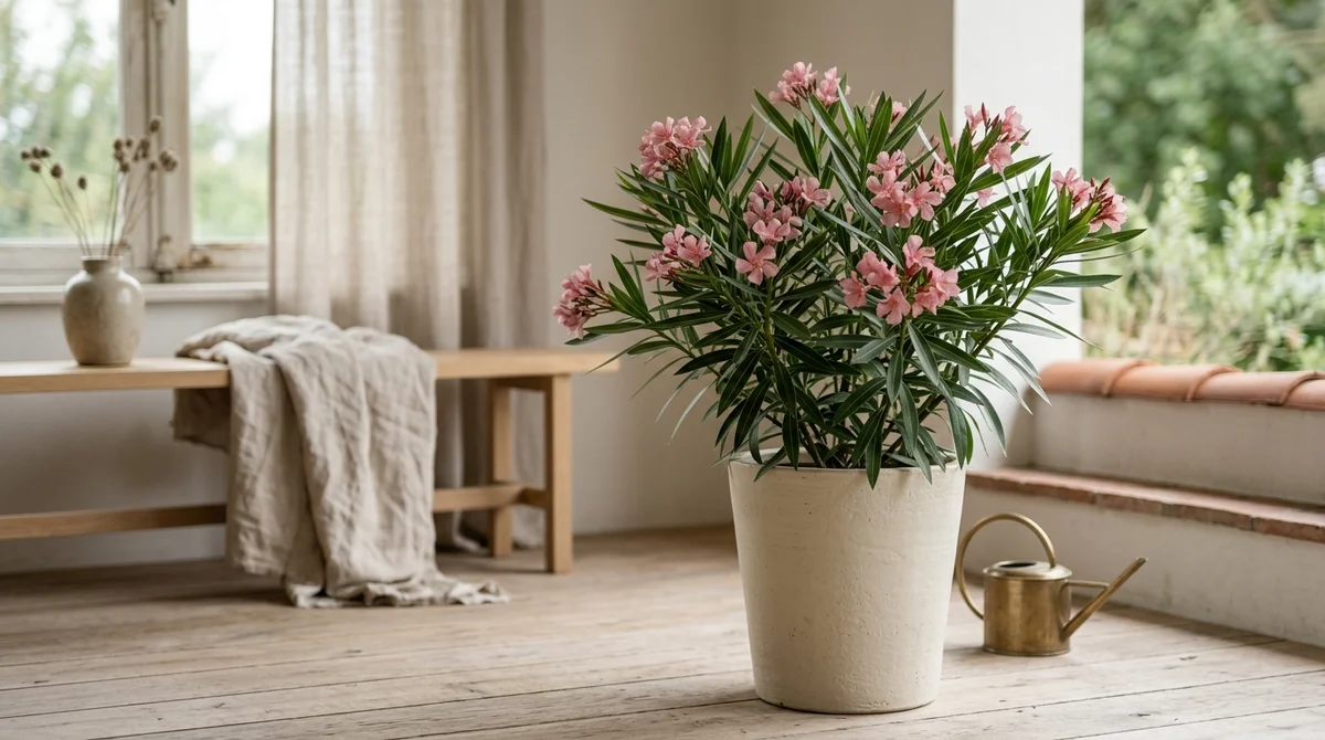 Roze bloeiende oleander (Nerium oleander) met smalle lederachtige bladeren als kuipplant op een terras