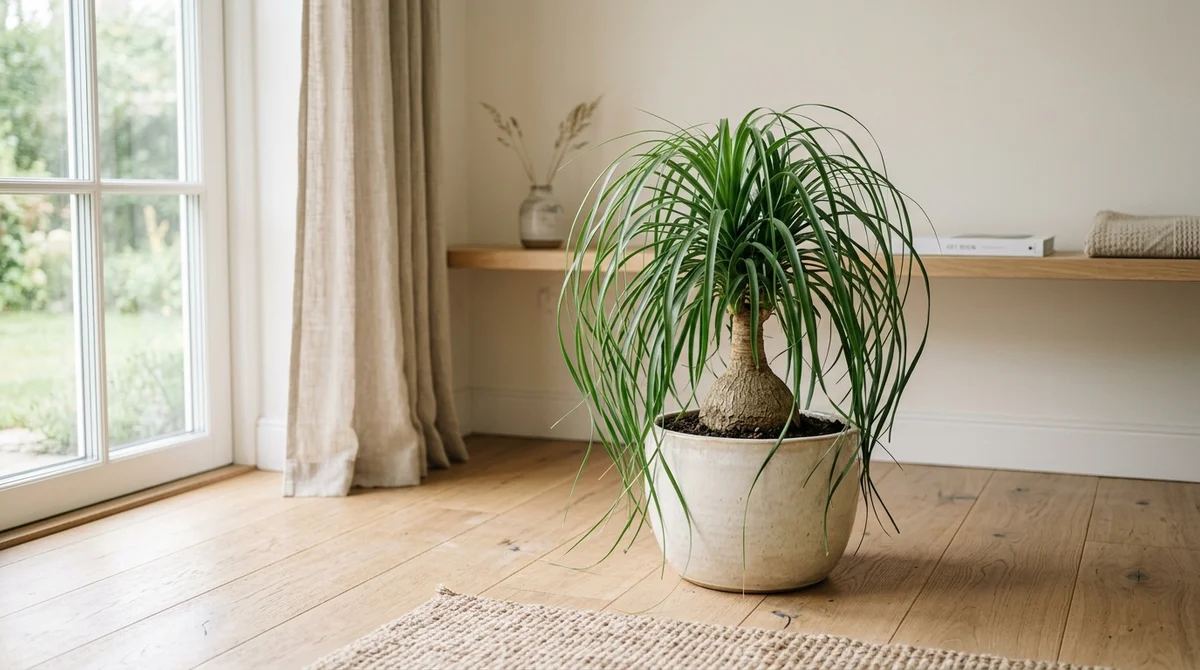 Beaucarnea recurvata (olifantspoot) met opgezwollen stamvoet en waterval van smalle hangende bladeren in een cremekleurige pot