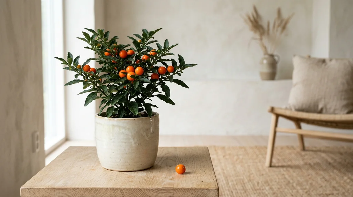 Oranjeboompje (Solanum pseudocapsicum) met ronde oranje besjes tussen groen blad in een cremekleurige pot