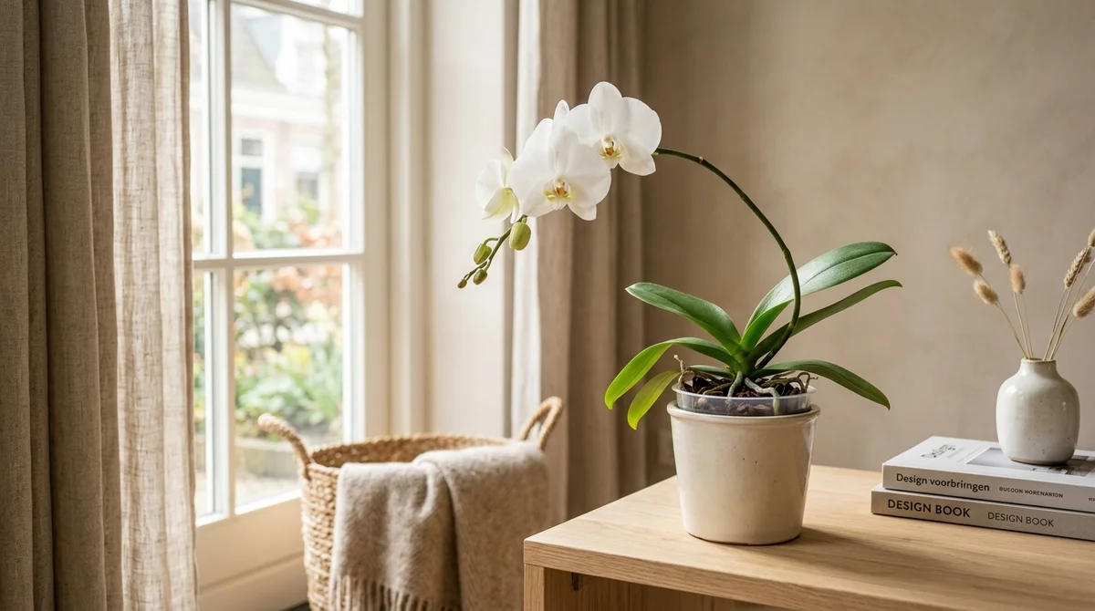 Witte Phalaenopsis-orchidee op een vensterbank met een kat op de achtergrond