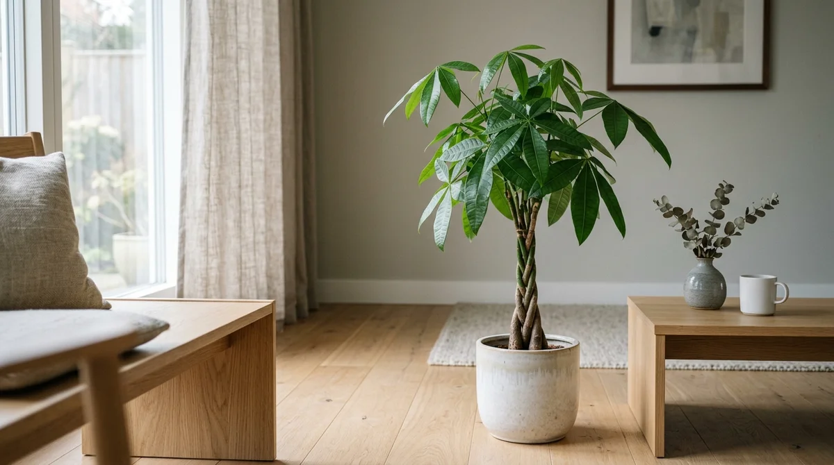 Pachira aquatica met gevlochten stam en glanzende handvormige bladeren in een cremekleurige pot op een lichte houten vloer