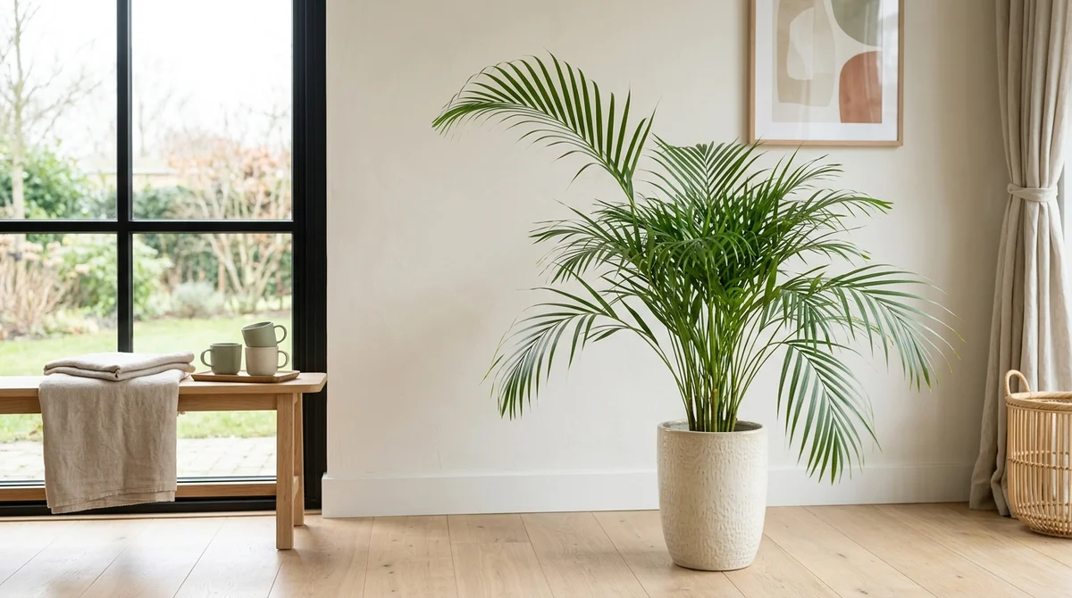 Arecapalm (Dypsis lutescens) met sierlijke veervormige bladeren in een lichte woonkamer, een kat rustig op de bank ernaast
