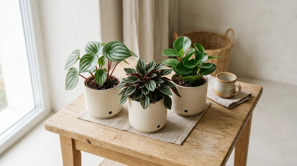 Peperomia argyreia (watermeloenpeperomia) met gestreepte ovale bladeren op een lichte tafel, veilig in huis met een kat