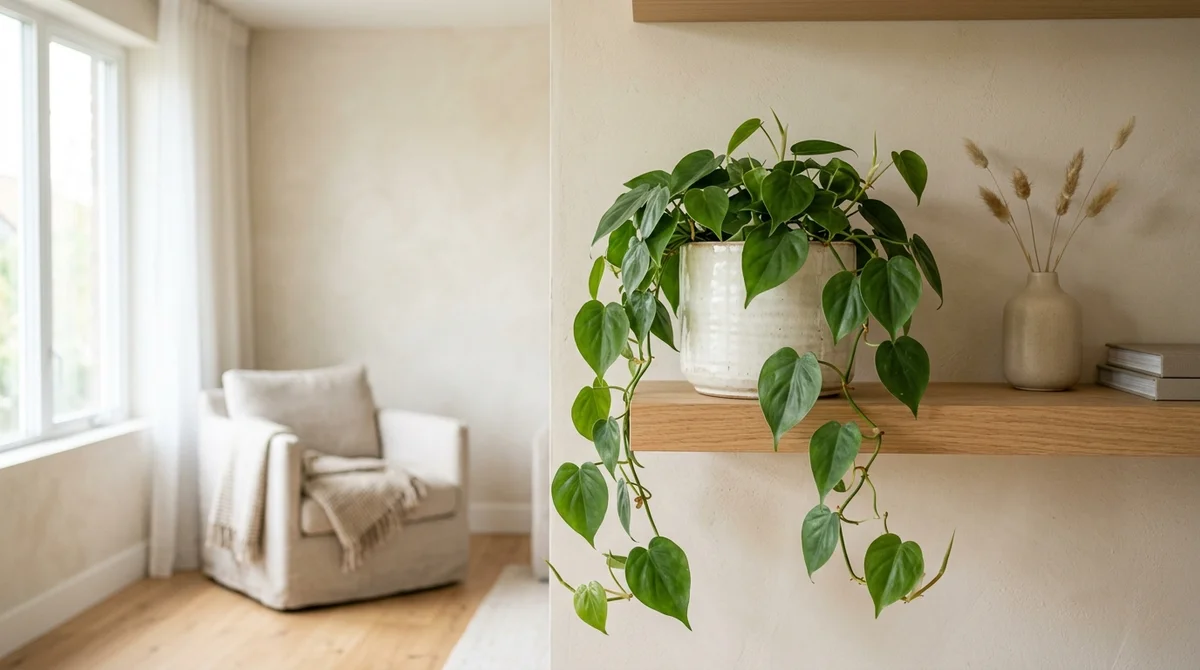 Philodendron scandens met hartvormige groene bladeren in een lichte woonkamer, op afstand van een kat