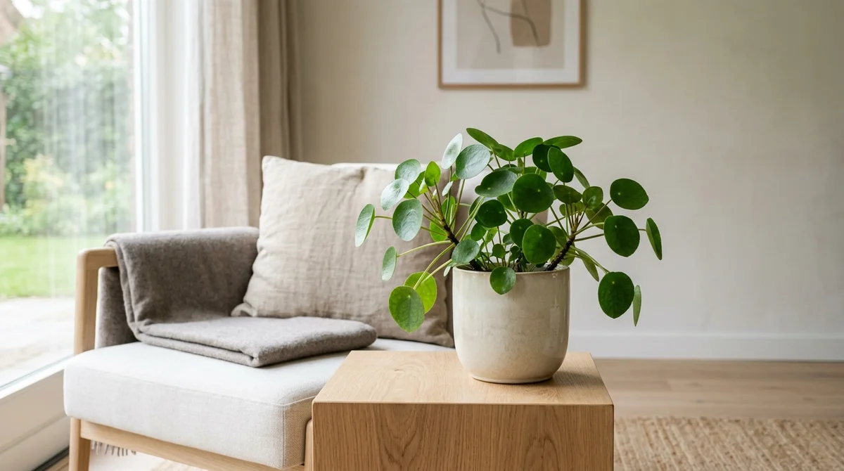 Pilea peperomioides (pannenkoekenplant) met ronde groene bladeren op centrale stelen, veilig in huis met een kat