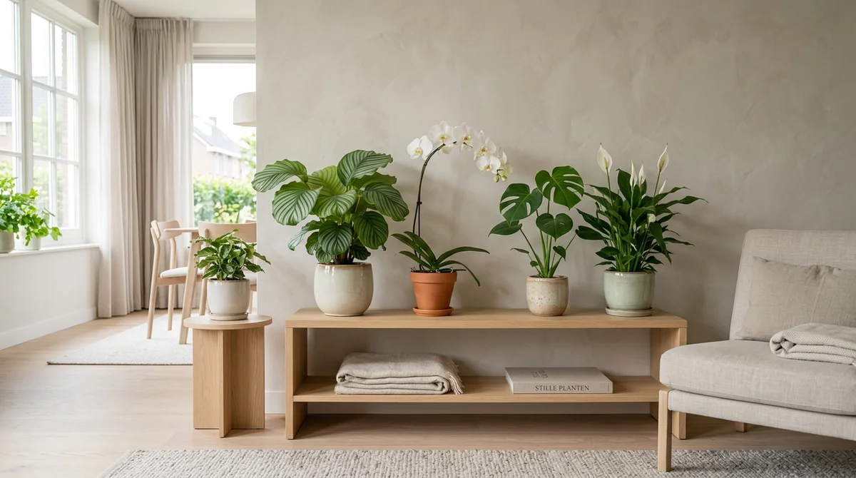 Diverse kamerplanten op een lichte oak side-table in een rustig Japandi-interieur, zonder huisdieren in beeld