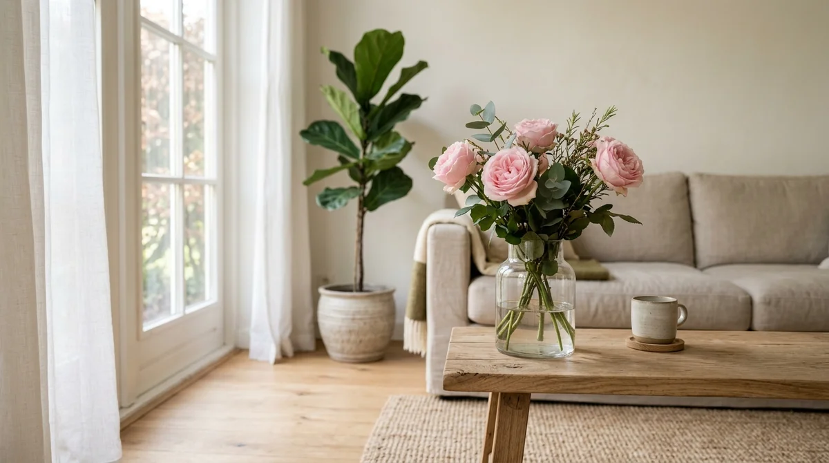 Roze tuinrozen (Rosa) in volle bloei naast een rustige kat op een lichte vensterbank, veilig in huis