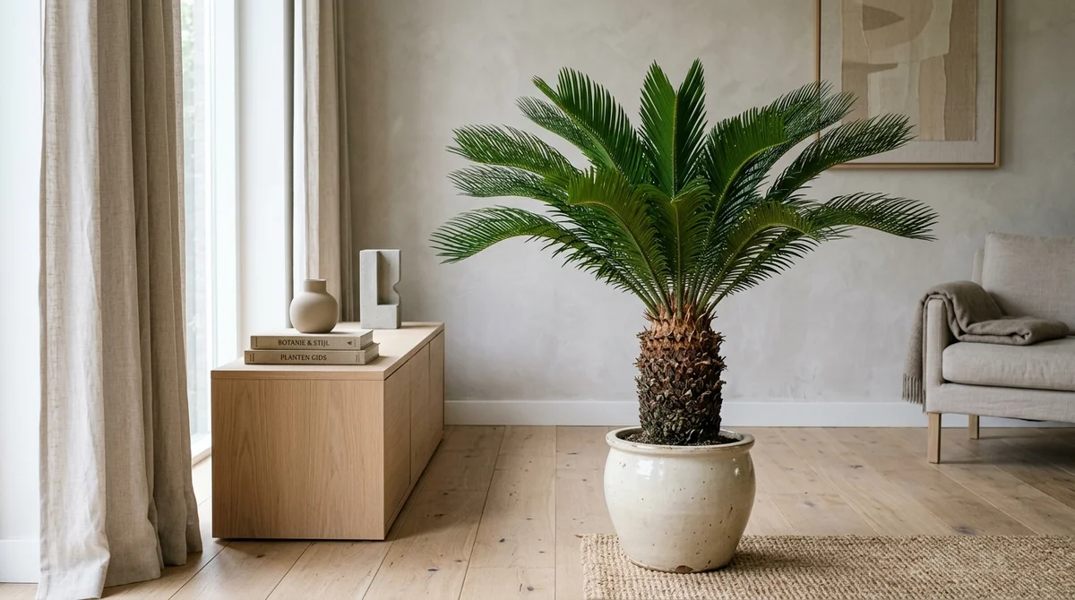 Sagopalm (Cycas revoluta) met stijve donkergroene veerbladen op een dikke schubbige stam in een cremekleurige pot