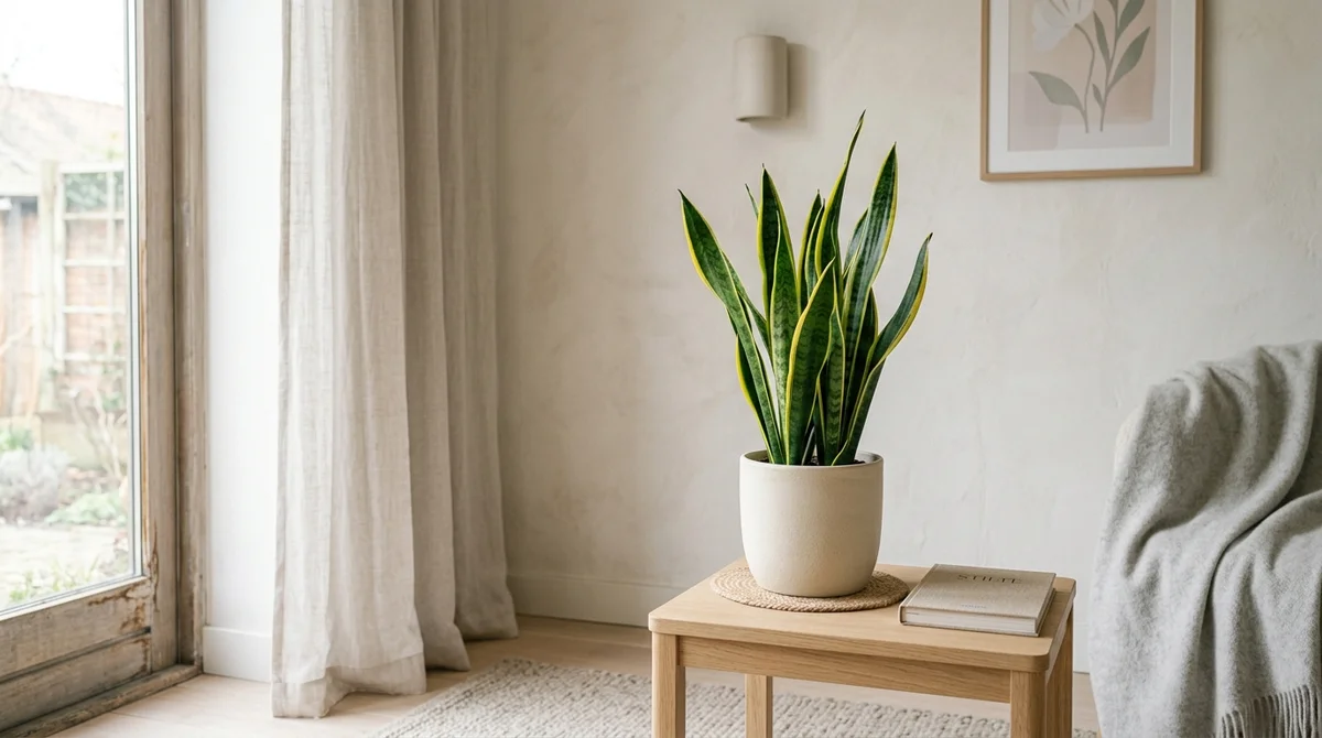 Sansevieria trifasciata Laurentii met rechtopstaande, gele-omrande bladeren in een lichte woonkamer, op een plek buiten bereik van een kat
