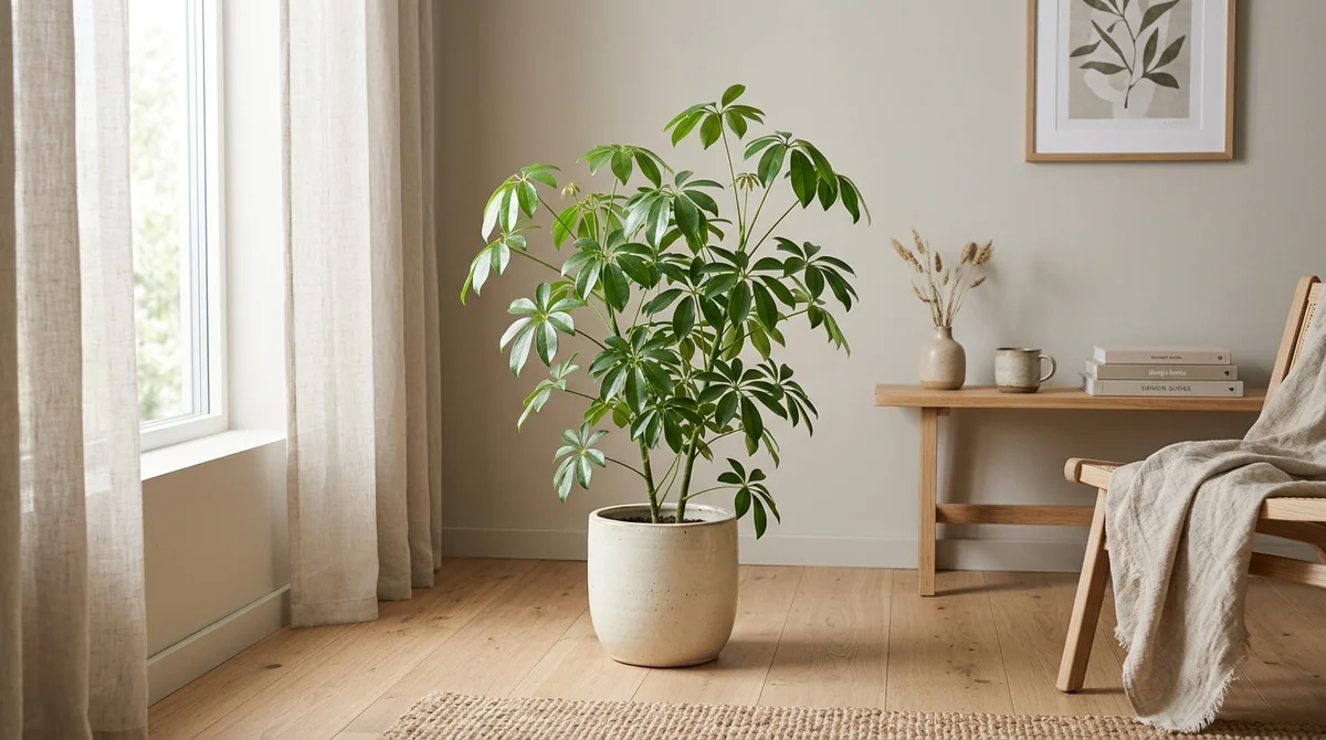 Schefflera arboricola (vingerboom) met handvormige bladeren in een lichte woonkamer