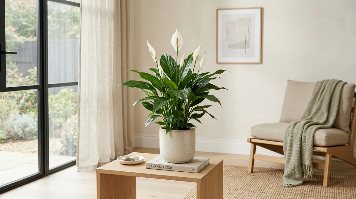Spathiphyllum met witte schutbladeren en glanzende donkergroene bladeren in een lichte woonkamer, buiten bereik van een kat