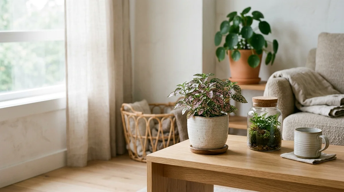 Stippenplant (Hypoestes phyllostachya) met groene blaadjes vol roze spikkels in een cremekleurige pot op een lichte houten tafel