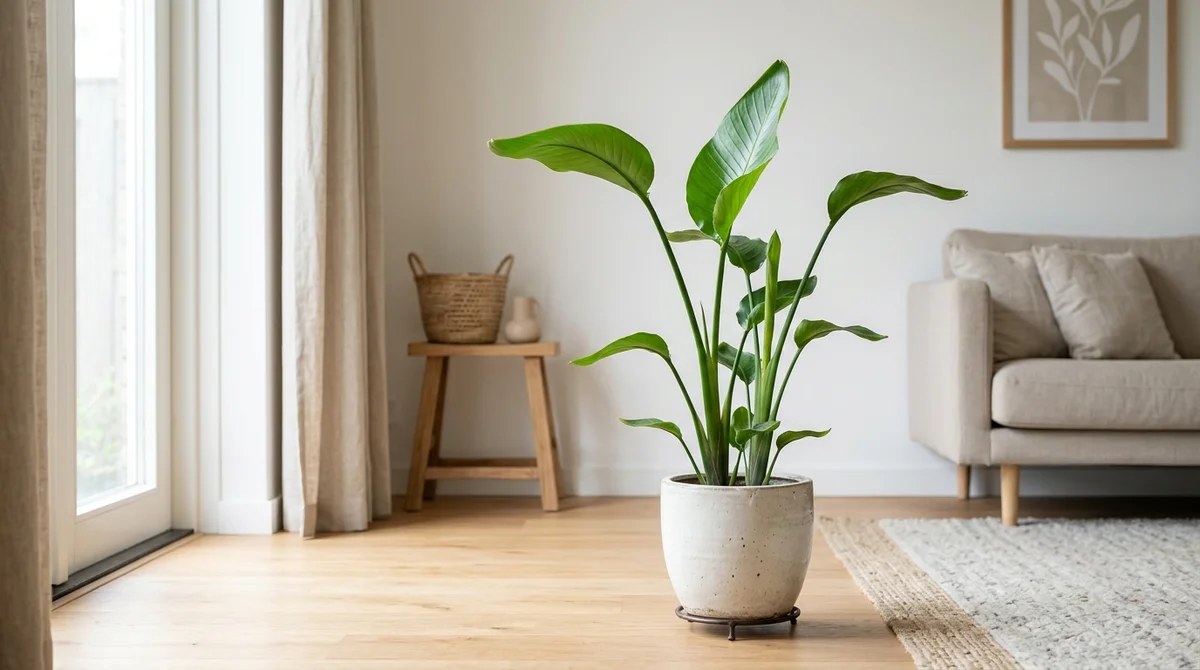Strelitzia reginae met oranje bloem in een lichte woonkamer, op een plek buiten bereik van een kat.